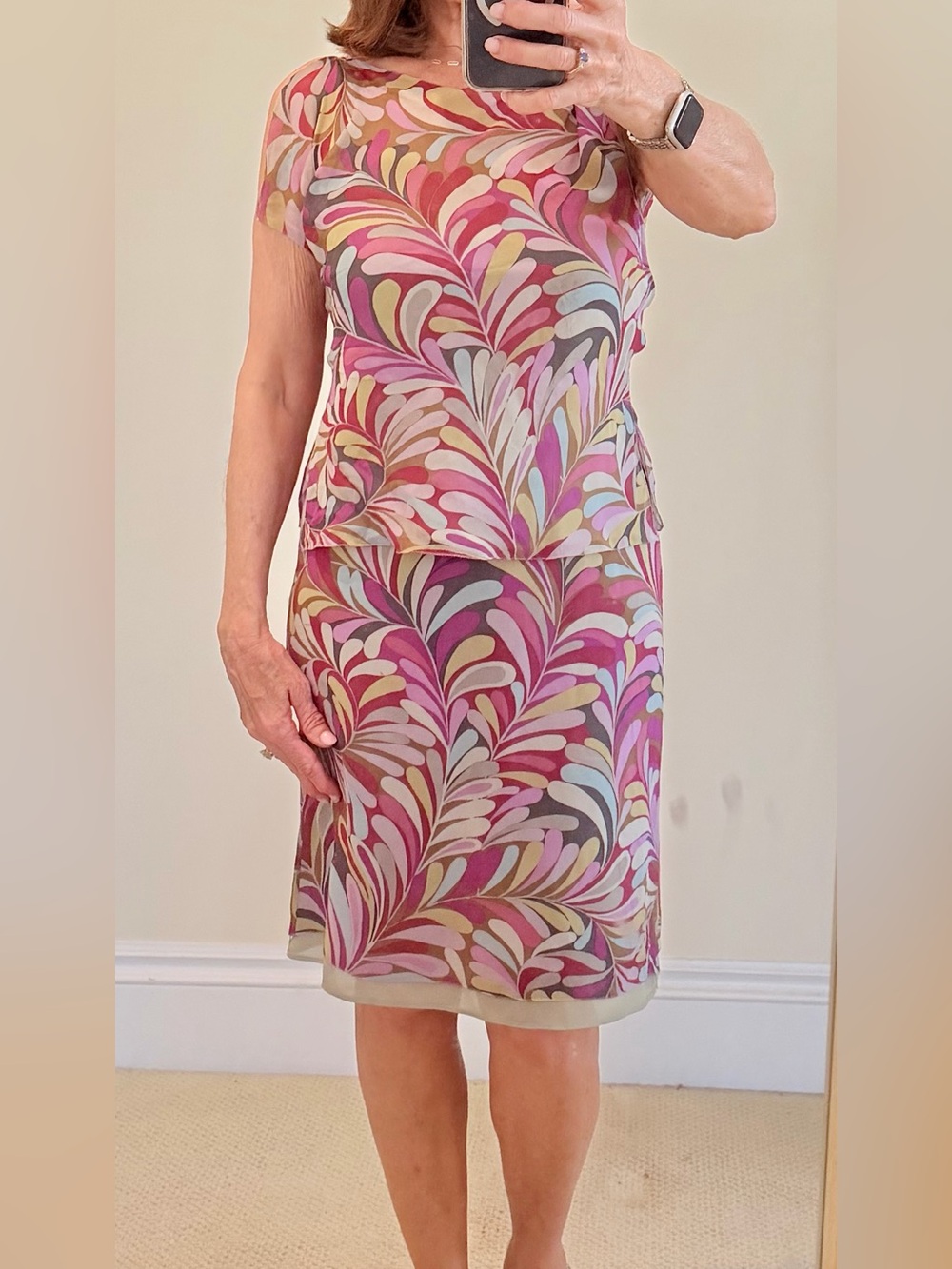 Kenneth Cole Elegant Pink Multi-Color Swirl Print Two Piece Dress